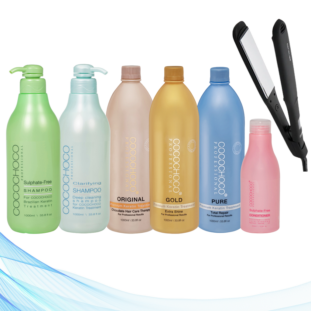 Corioliss Wide Black Hair Straightener, Cocochoco Clarifying Shampoo 1000 ml, All Three Cocochoco Keratin Treatments 1000 ml, Sulphate-Free Shampoo 1000 ml & Sulphate-Free Conditioner 400 ml