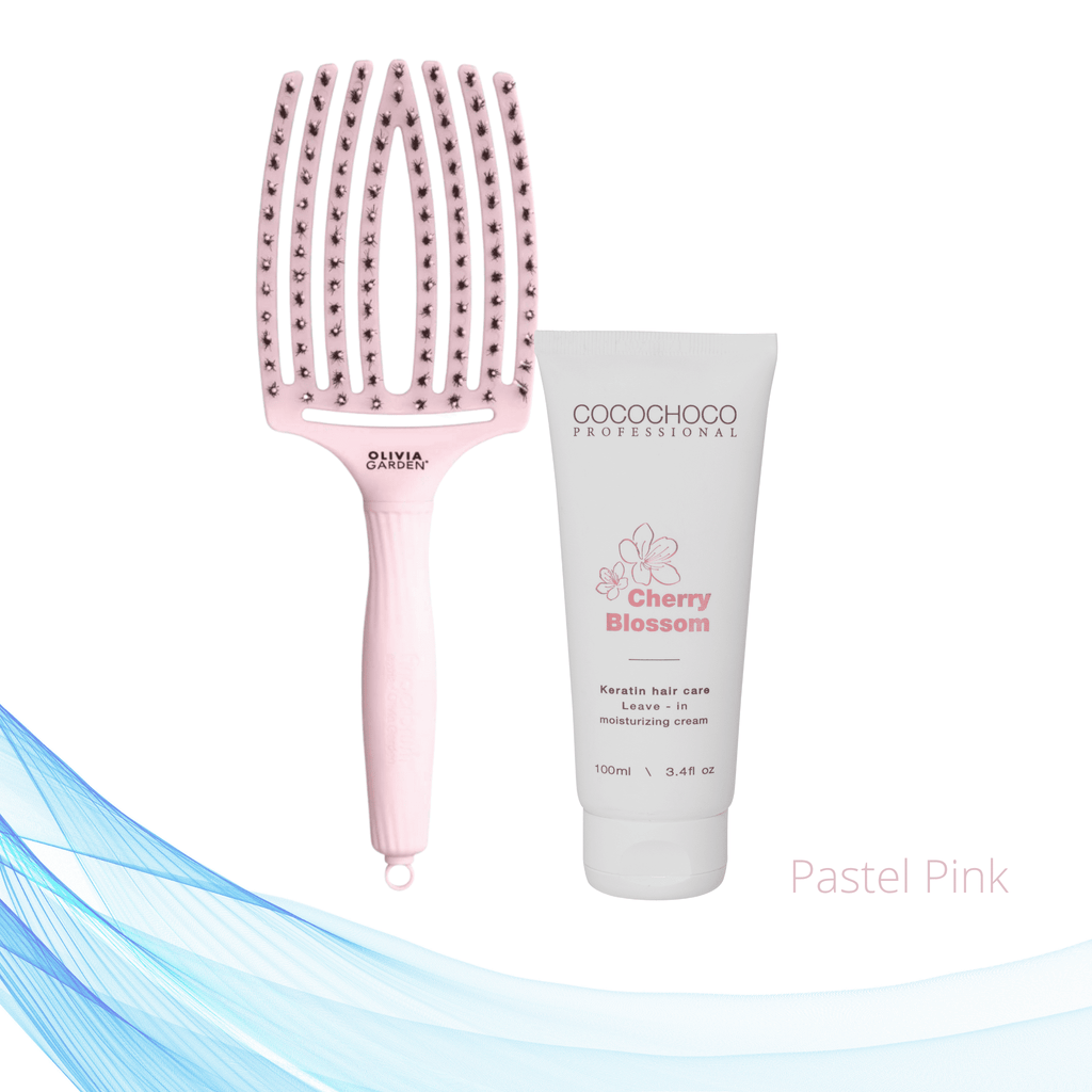 Cocochoco Cherry Blossom leave in keratinska njega bez sulfata 100 ml i Olivia Garden Fingerbrush četka za kosu u svijetlo rozoj boji 