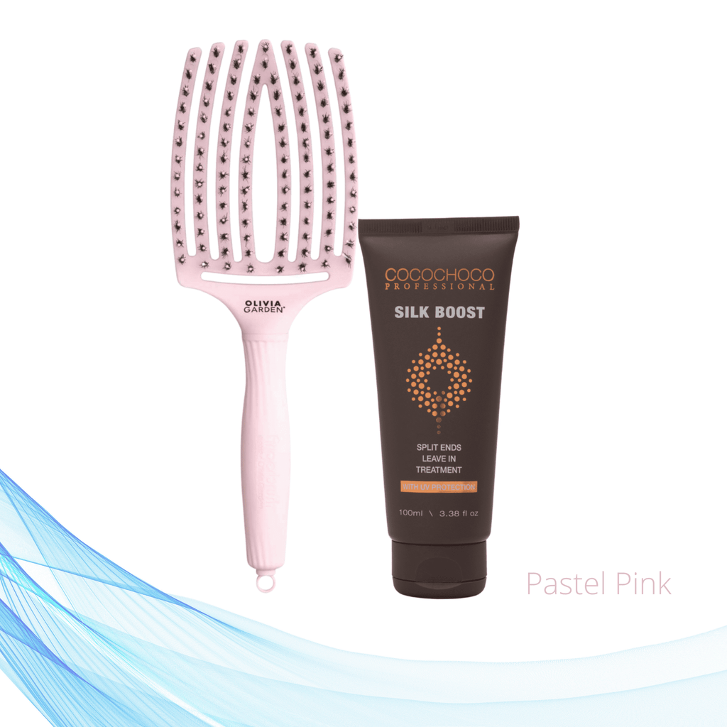 Cocochoco Silk Boost tretman za vrhove i Olivia Garden Fingerbrush četka za kosu  u svijetlo rozoj boji